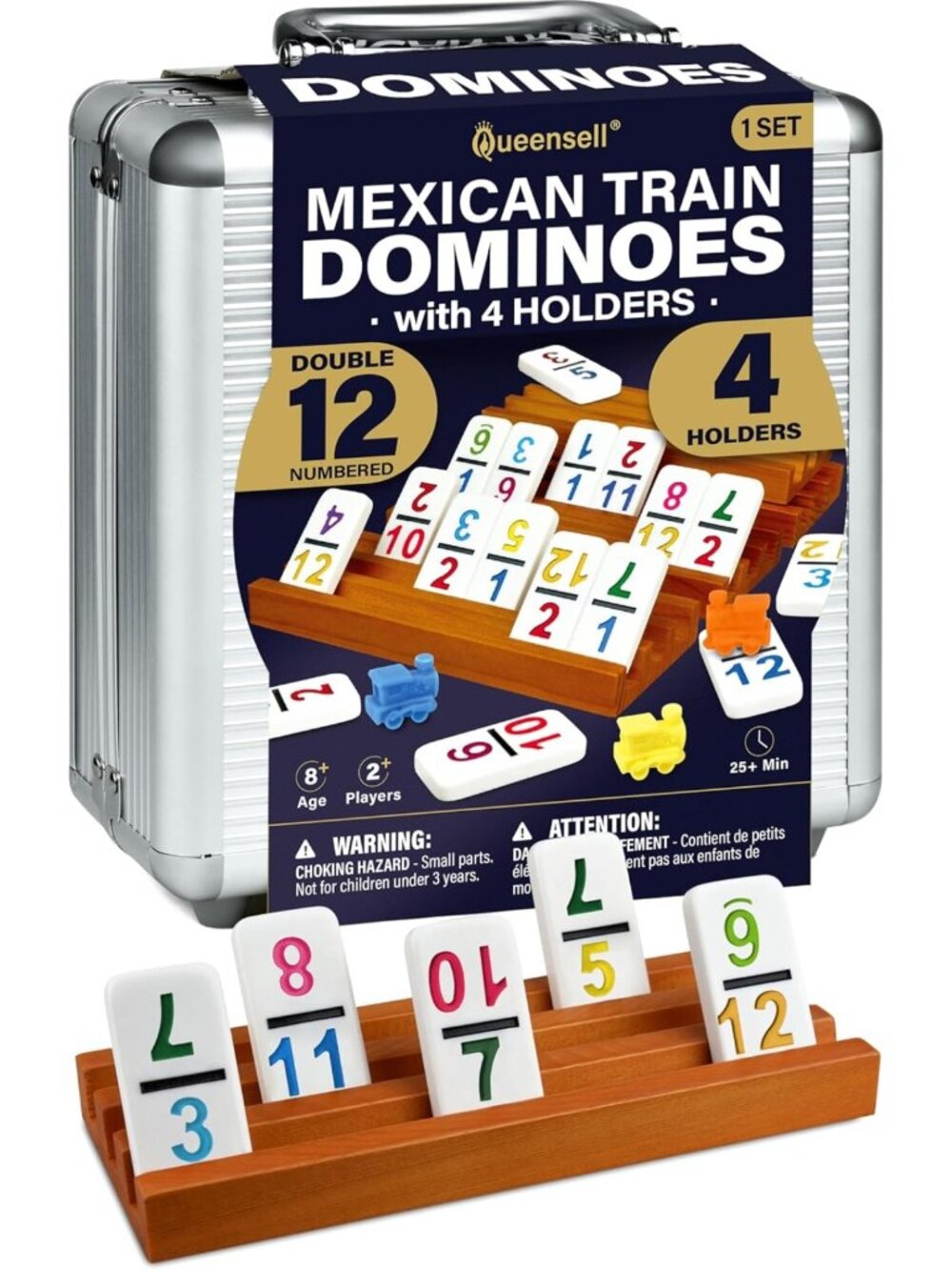 Mexican Train Dominoes Set - Double 12 with Numbers & 4 Wooden Holders